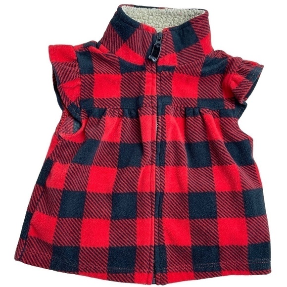 Carter’s  6 Months Red & Black Buffalo Plaid Vest w Sherpa Tan Lining - Picture 1 of 7
